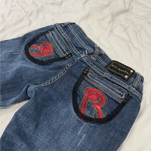 Vintage Rocawear Straight Leg / Relaxed Fit Faded Dark Blue Distressed Jeans